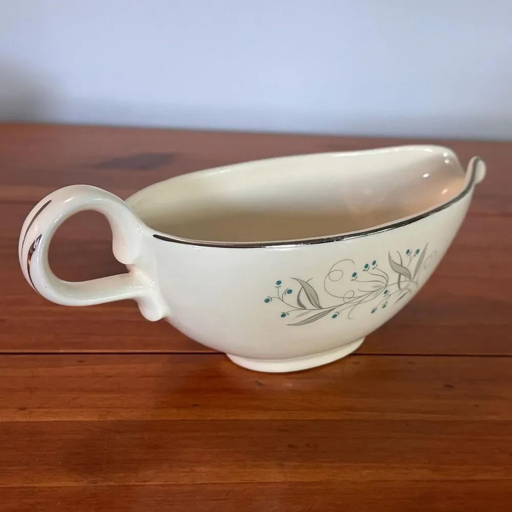 Homer Laughlin Celeste Gravy Boat and Underplate Mid Century Platinum Trim MCM